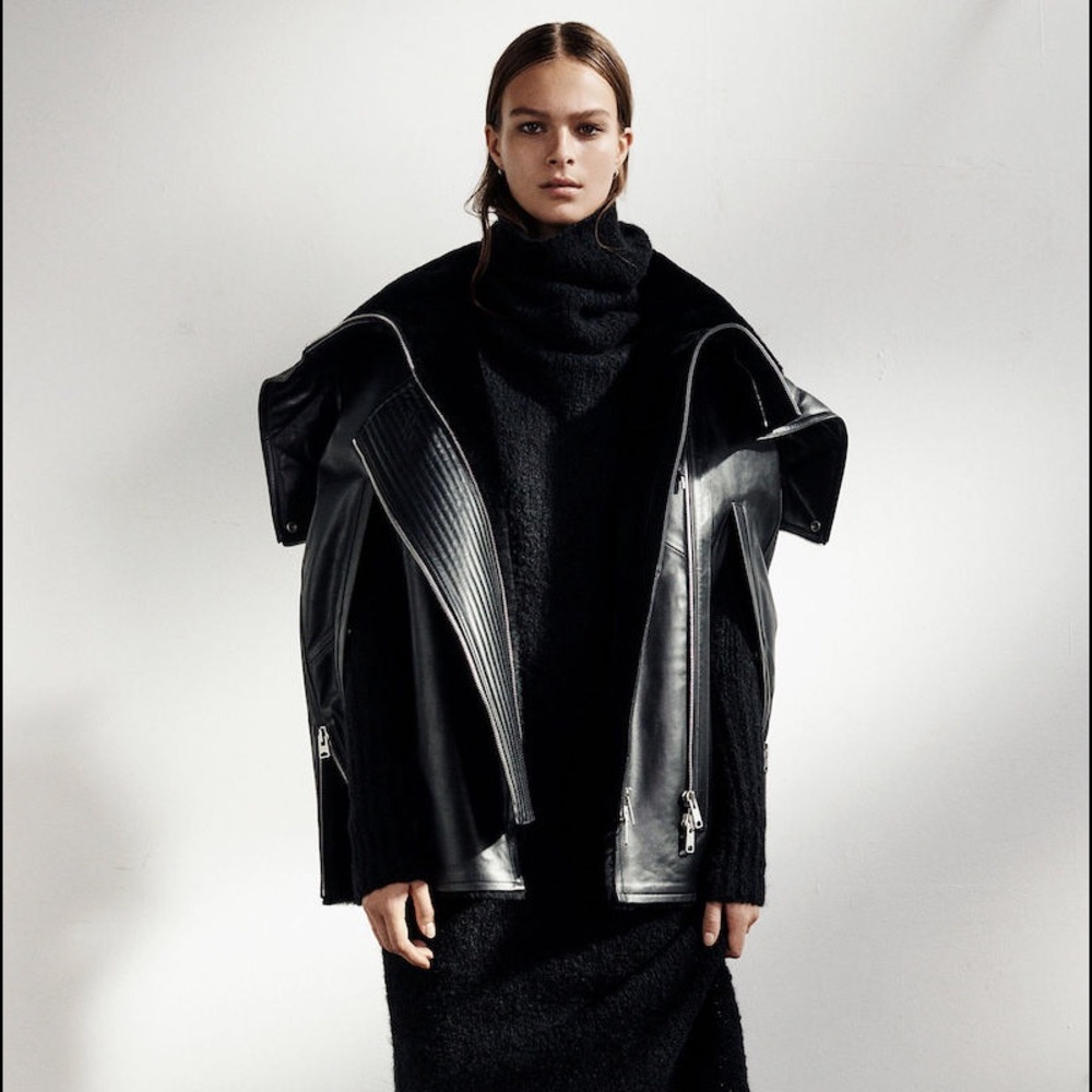 All Saints Black Leather Cape Coat